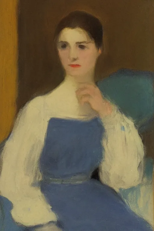 Image similar to portrait of a young woman in a blue dress by charles hawthorne, highly detailed, sharp focus, dramatic backlighting