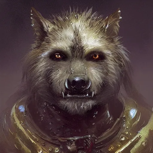 Prompt: portrait of a gnoll with a scarred sad face wearing plate armor, fantasy, highly detailed, digital painting, artstation, concept art, character art, art by greg rutkowski and tyler jacobson and alphonse mucha