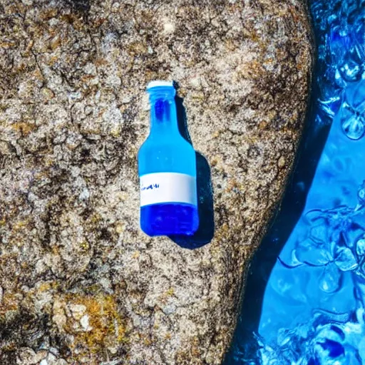 Image similar to bottle on a rock floating in the blue water surrounded by plethora of fauna and flora, bright blue skies up close shot, white background, zen, light, modern minimalist f 2 0 clean