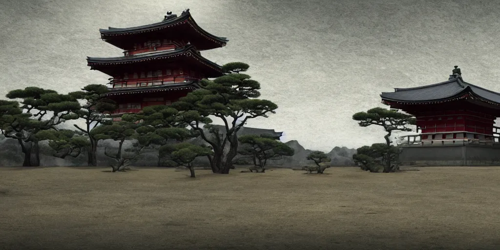 Image similar to a film still of a japanese samurai temple in a japanese blockbuster film, landscape, shallow depth of field, cinematic, award winning cgi, vfx, film still