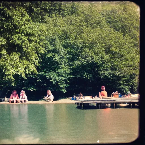 Image similar to color photograph from the sixties of people sitting by a lake in summer, faded colors, light leaks