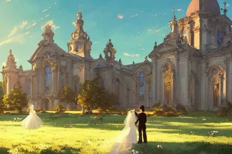 Image similar to an ornate baroque church, wedding party in front, scene in an open field. key visual, conceptart, ambient lighting, highly detailed, digital painting, artstation, concept art, sharp focus, by makoto shinkai and akihiko yoshida and greg manchess