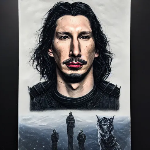 Image similar to adam driver as commander of the nights watch, incredibly detailed oil painting, high octane, trending on artstation, incredible fineline, regal, fine art museum piece, drum scanner