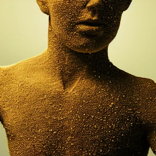 Prompt: human sculpture explodes into tiny little dust particles, intricate, highly detailed, atmospheric, dramatic lighting, portrait, upper body, masterpiece, 8k