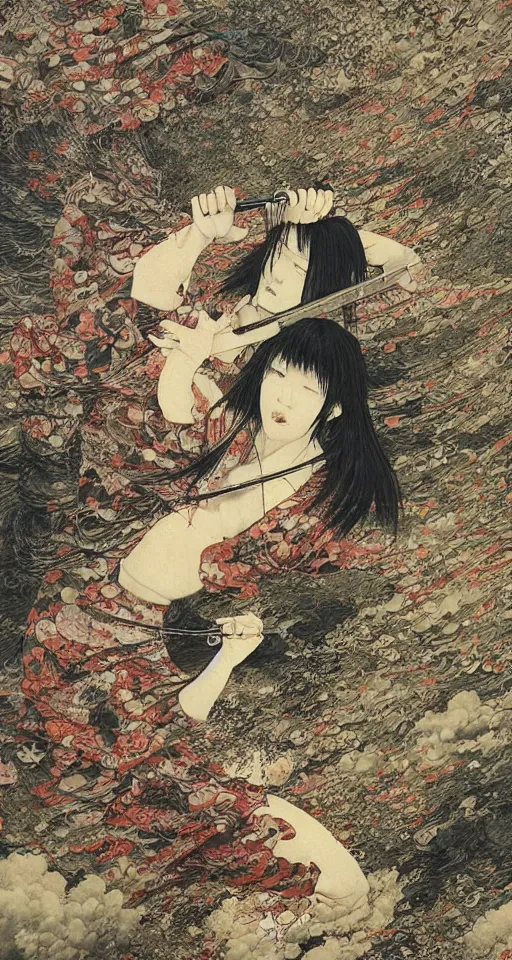 Image similar to Japanese schoolgirl runs away from Samurai with a katana on the subway, high detailed Beksinski painting, part by Adrian Ghenie and Gerhard Richter. art by Takato Yamamoto. masterpiece