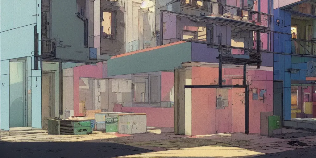 Prompt: neo brutralism, concrete housing, concept art, colorful, 3D, in the style of Akihiko Yoshida and Edward Hopper