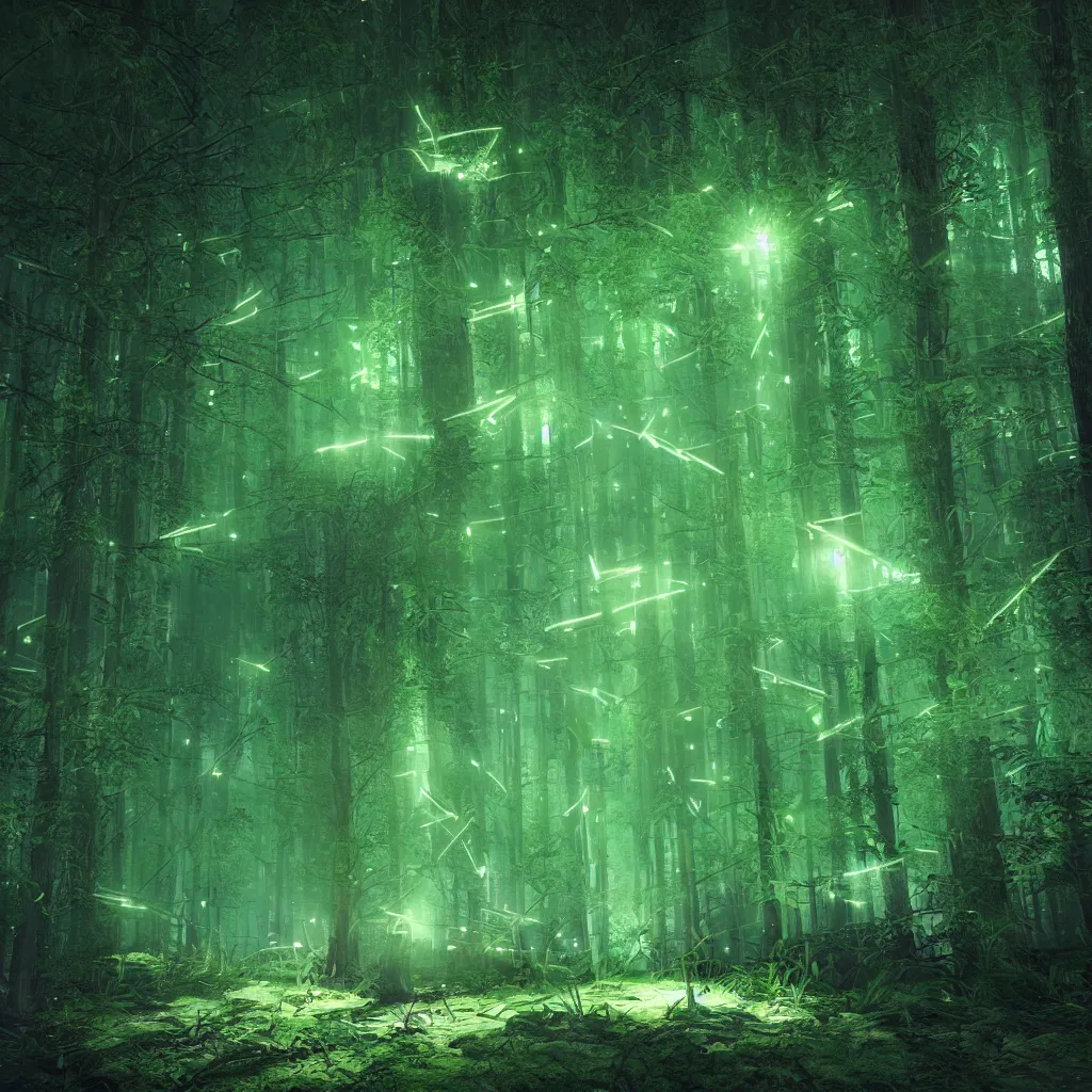 Image similar to rave green laser lights, at night in the cyber forest, reuben wu, jenni pasanen, epic composition, hd, octane, unreal engine, volumetric lighting, light rays, masterpiece, award - winning