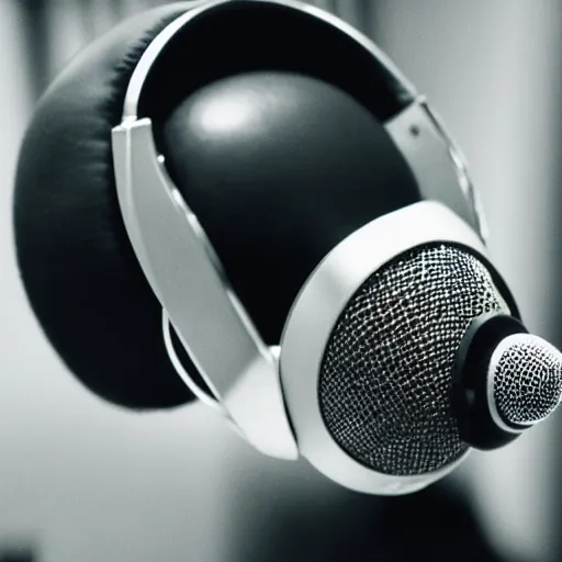 Image similar to A photograph of a bird wearing headphones and speaking into a high-end microphone in a recording studio.