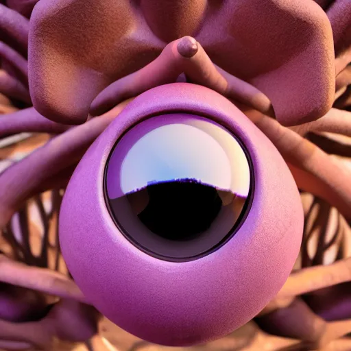 Image similar to photo of a clay model of character with large spherical purple head and humongous eyes and spindly limbs with face close to the camera, fish eye lens, 4 k, hyper realistic, hyper detailed face, octane render