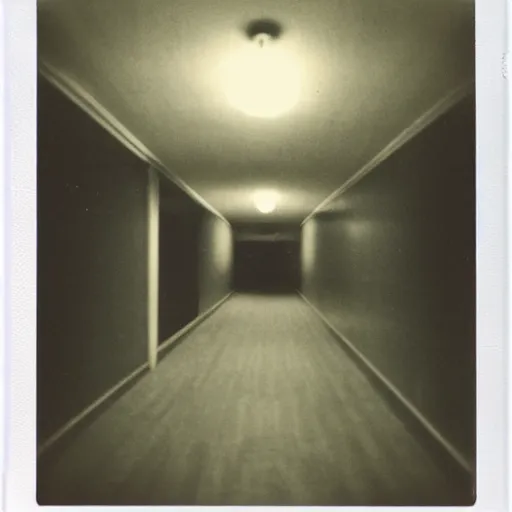 Prompt: polaroid of a terrifying thing in a school hallway at night