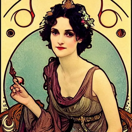 Prompt: winona ryder portrait by louis - theophile hingre and alphonse mucha, realistic, sharp focus, zodiac signs, tarot cards, planets, ethereal, art nouveau, magic, moon, sun, crown, dreamy, royal, jewellery