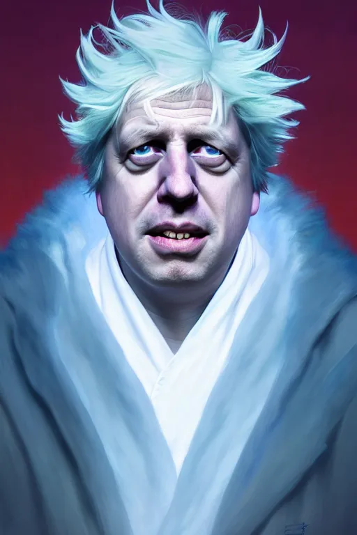 Image similar to Boris Johnson as Rick Sanchez, unibrow, white robe, big eyes, 3d octane render, symmetrical, highly detailed, digital painting, artstation, concept art, smooth, sharp focus, illustration, cinematic lighting, art by artgerm and greg rutkowski and alphonse mucha