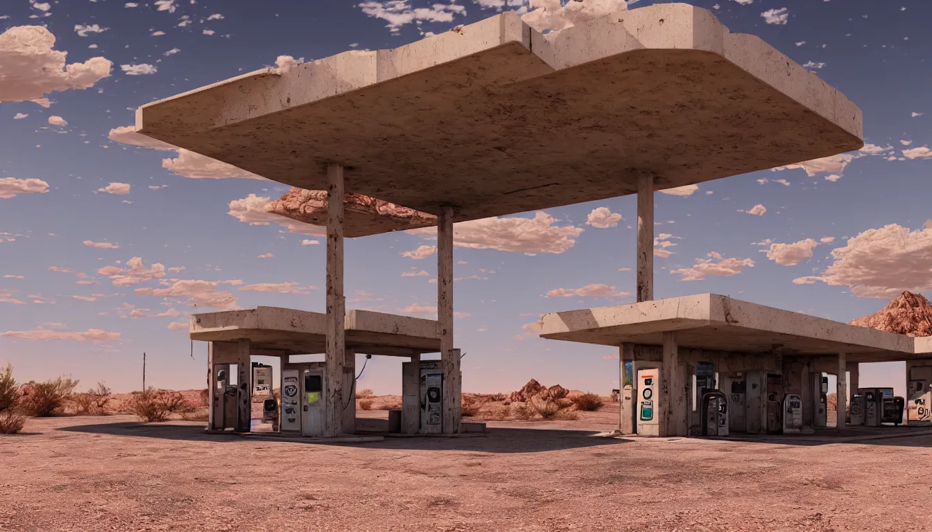 Image similar to abandoned gas station in middle of desert, ambient, futuristic, glowing, very detailed, colourfull, 4 k