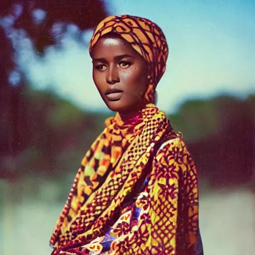 Image similar to a vintage image of a somali woman, dressed in somali clothing, nostalgic, beautiful, dreamy, pastel, nature, portrait, detailed