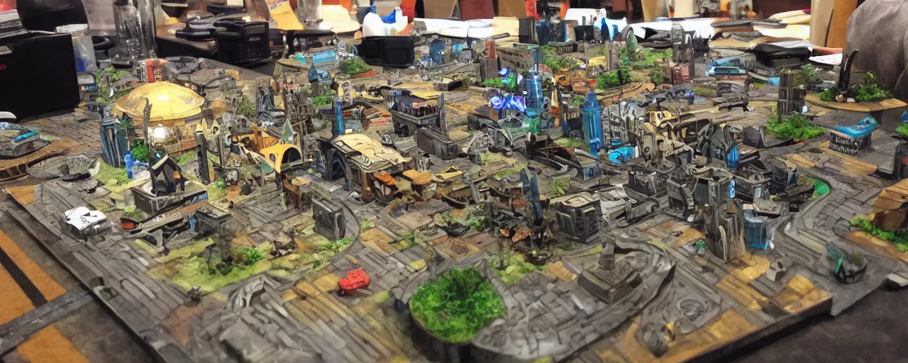 Prompt: functional mini sci-fi city made out painted cardboard