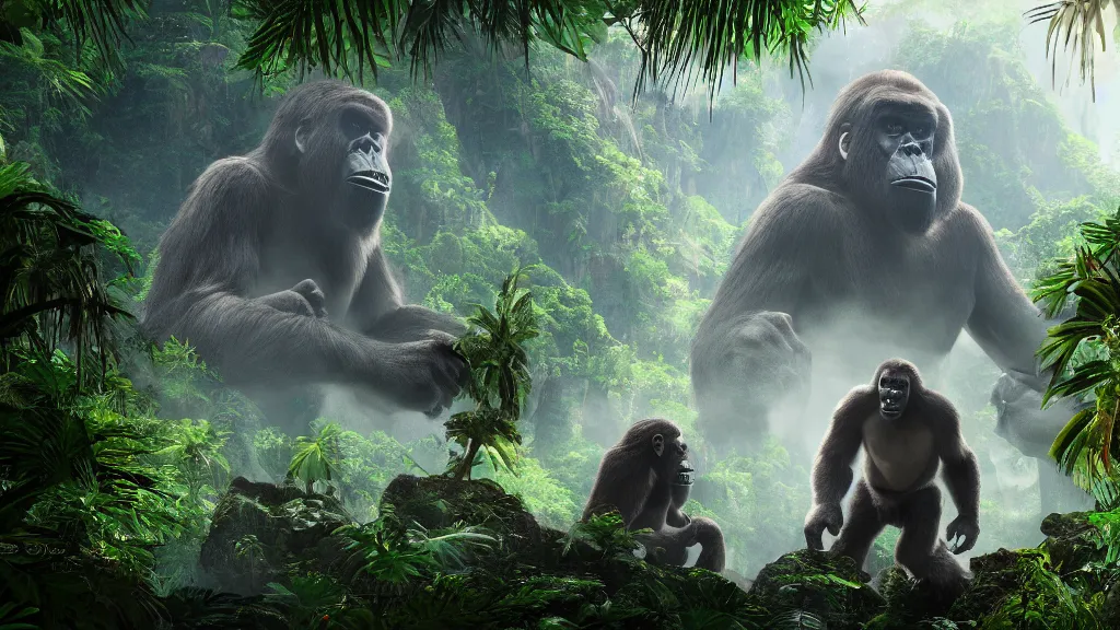Prompt: King Kong in a tropical forest, fantasy artwork, very very very beautiful scenery, hd, hdr, ue5, ue6, unreal engine 5, cinematic 4k wallpaper, 8k, ultra detailed, high resolution, artstation, award winning