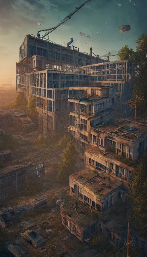 Image similar to a beautiful hyperdetailed illustration of port urbex building industrial architecture abandoned nature city architecture unfinished building by mike winkelmann, at dawn, archdaily, wallpaper, highly detailed, trending on artstation.