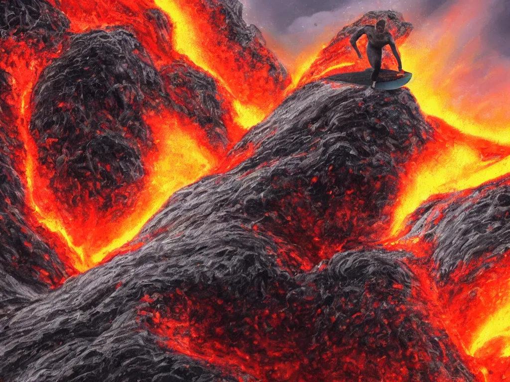 Prompt: detailed portrait of an arnold schwarzenegger surfing on lava, volcano eruption on the background, stunning scene, 8 k, digital painting, hyperrealism, vivid colors, trending on artstation