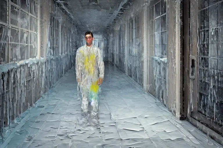 Prompt: palette knife oil painting of a patient at a mental asylum who is frozen with ice, standing in a frozen corridor, extreme detail, artstation trending, artgerm, any racial background, deviant art, octane, substance, art history 8 k