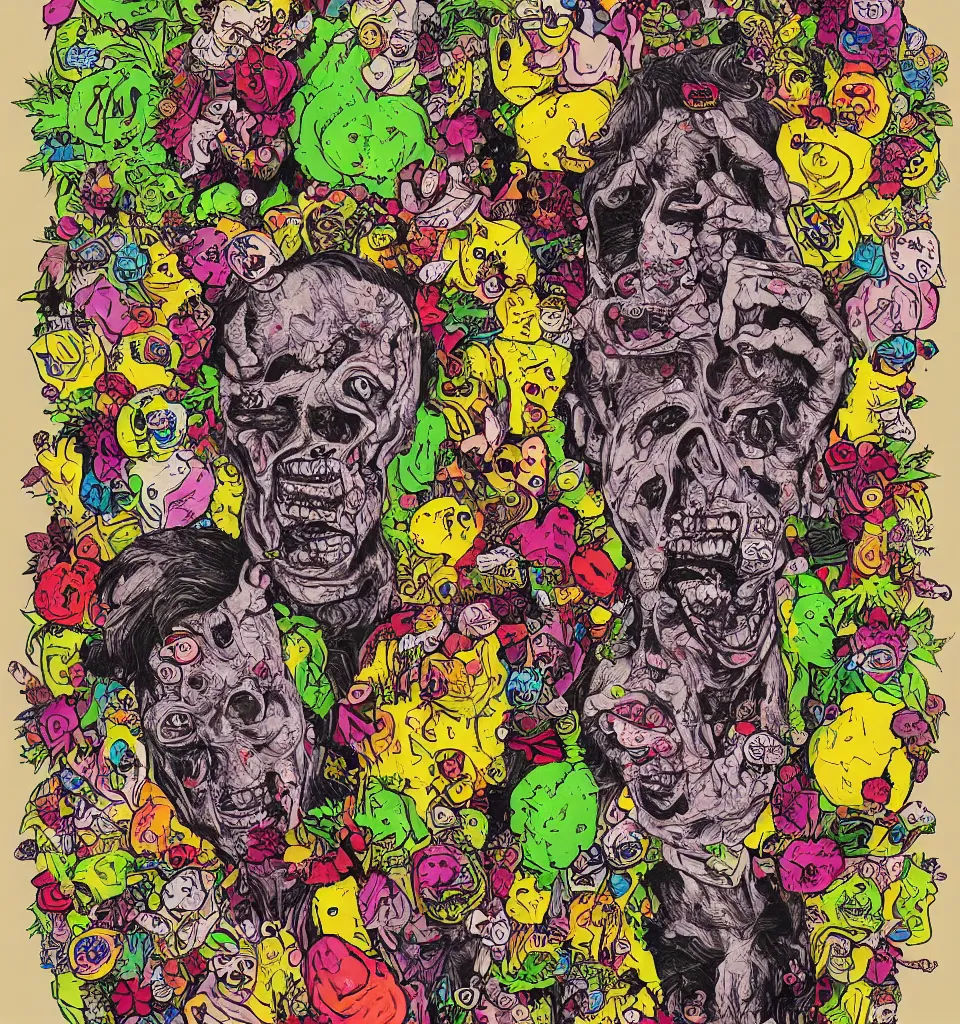 Prompt: portrait of a zombie punk rock band, t - shirt, ripped jeans, head made of fruit gems and flowers in the style of arcimboldo, basil wolverton, james jean, cartoonish graphic style, street art, silkscreen pop art, punk graphics, photocopy