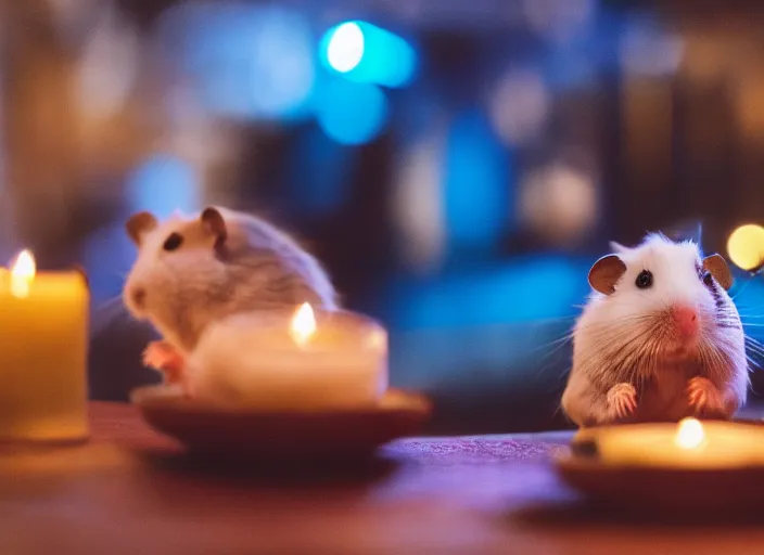 Image similar to photo of a hamsters on a date, kissing, at night, romantic, faded colors, candlelit restaurant table, cinematic color grading, various poses, soft light, well framed, sharp focus, 8 k