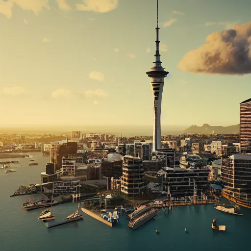 Image similar to auckland city and sky tower and harbor bride utopian, dynamic lighting, cinematic composition, artstation, octane render, ayan nag