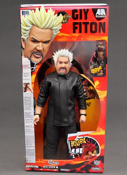 Image similar to black series action figure of guy fieri with barfing action, pristine box, toy still in package, ebay, extremely detailed