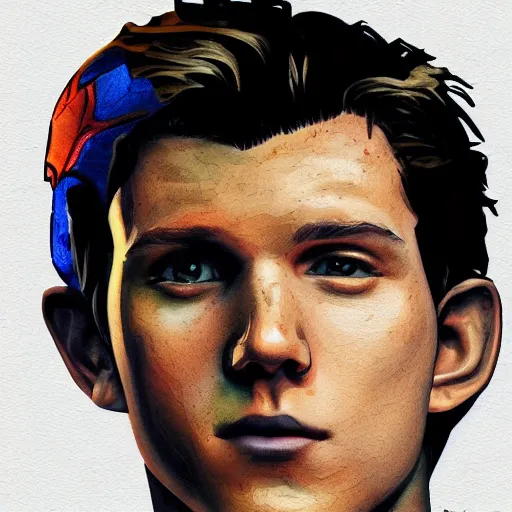 Image similar to portrait of tom holland's spider man, highly detailed, centered, solid color background, digital painting