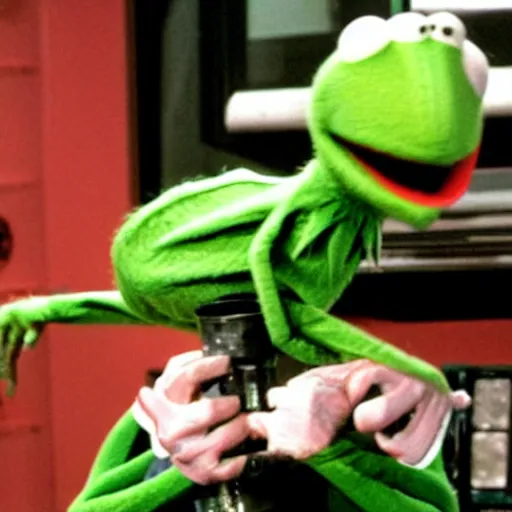 Prompt: an emaciated nic cage playing kermit the frog on sesame street, hd digital photography