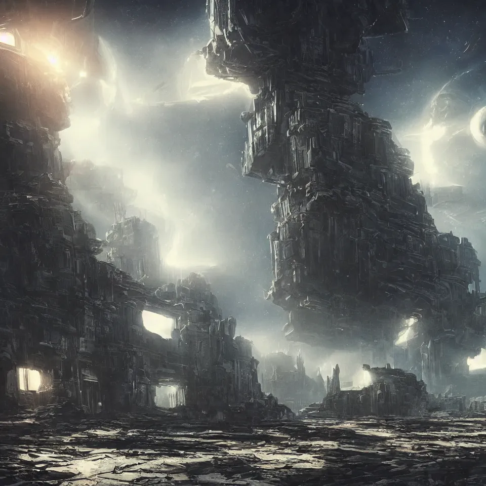 Image similar to beautiful painting of old buildings on a distant planet with broken advanced technology with led lights working, epic composition, epic lighting, by christopher nolan