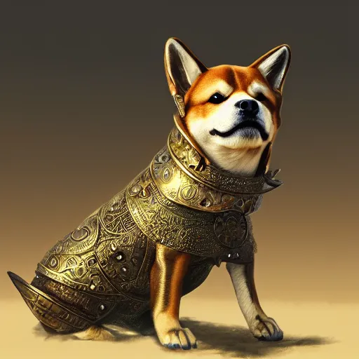 Prompt: detailed photorealistic painting of dog shiba inu wearing a highly detailed ornamented bronze „viking helmet with two horns“, sharp focus in the style of ruan jia, Mandy jurgens, cinematic light, concept art, trending on artstation, ultra realistic