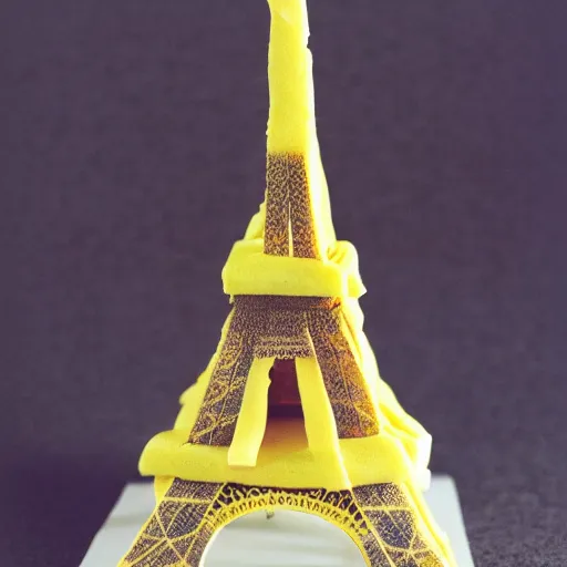 Prompt: a cake that is made of a varieaty of cheese in the shape of the eiffel tower, tha cake is in the shape of the eiffel tower, all the cake structure is made of cheese and in format of the eiffel tower , Award winning photo 35mm