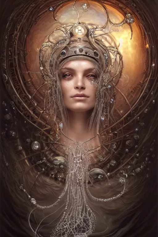 Image similar to a centered render of an alluring post apocalyptic goddess with wearing ornate silver and gemstones and crystal clothing surrounded by flowing liquid gallium jellyfish and sacred geometry, perfect body and face, gorgeous, cinematic, beautifully lit, by tomasz alen kopera and peter mohrbacher and craig mullins, 3 d, trending on artstation, octane render, 8 k