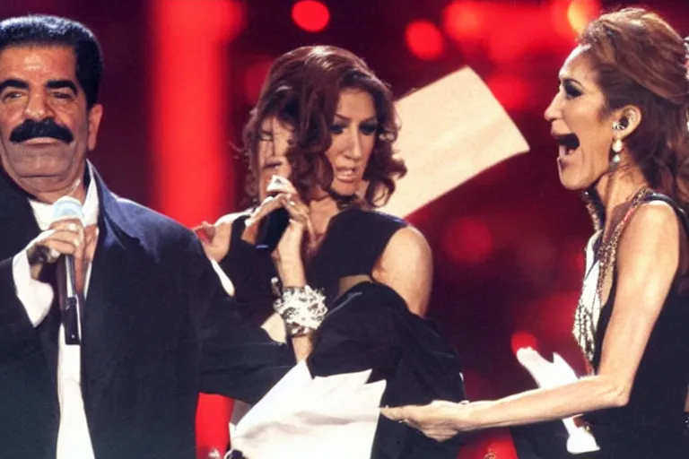 Image similar to saddam hussein singing a duet with celine dion on stage during a episode of the voice - g