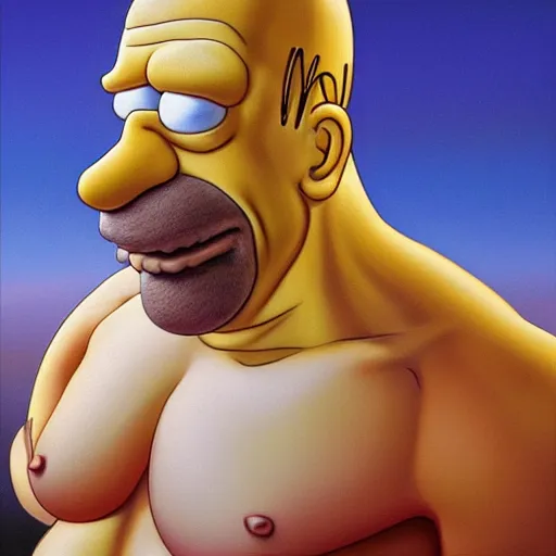 Image similar to beautiful realistic portrait of homer simpson, yellow skin by artgerm, leonardo di vinci