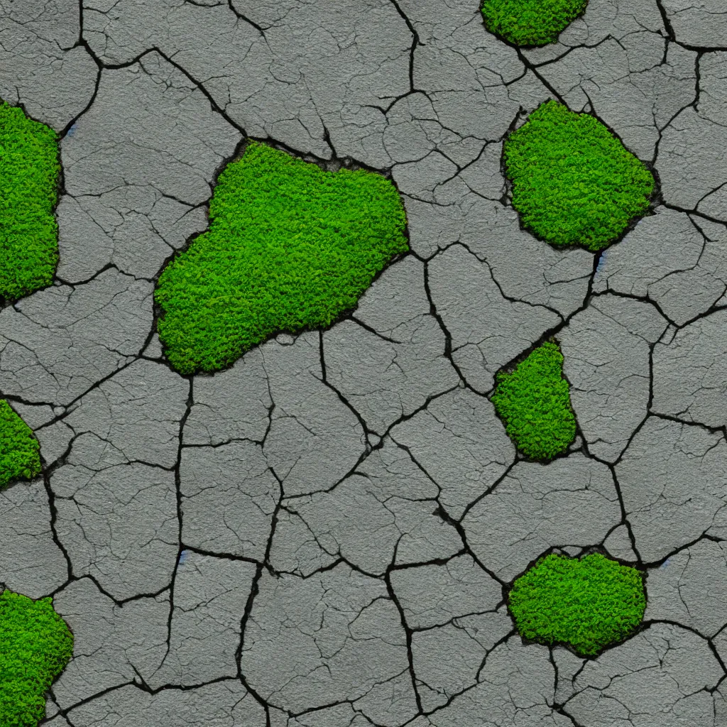 Prompt: videogame tileable texture of aged concrete with small green moss growing in the cracks.