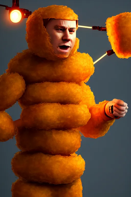 Image similar to channing tatum in a tater tot costume, tater tot face, ef 8 5 mm f 1. 8 usm, bionic scifi alexandre ferra, hyper detailed, digital art, trending in artstation, cinematic lighting, studio quality, smooth render, unreal engine 5 rendered, octane rendered