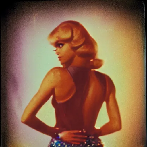 Image similar to a polaroid portrait of barbarella, vintage movie poster, bokeh, lit from behind, heavy film grain, color bleed