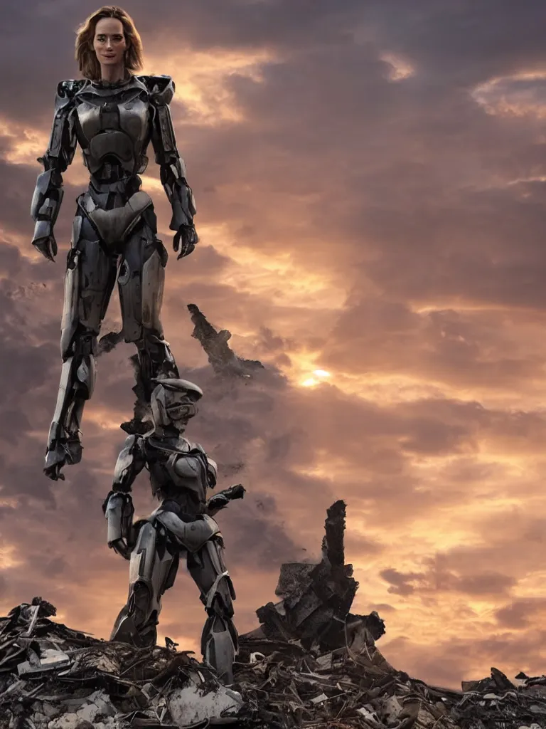 Image similar to emily blunt in futuristic power armor, solitary figure standing atop a pile of rubble, sunset and big clouds behind her