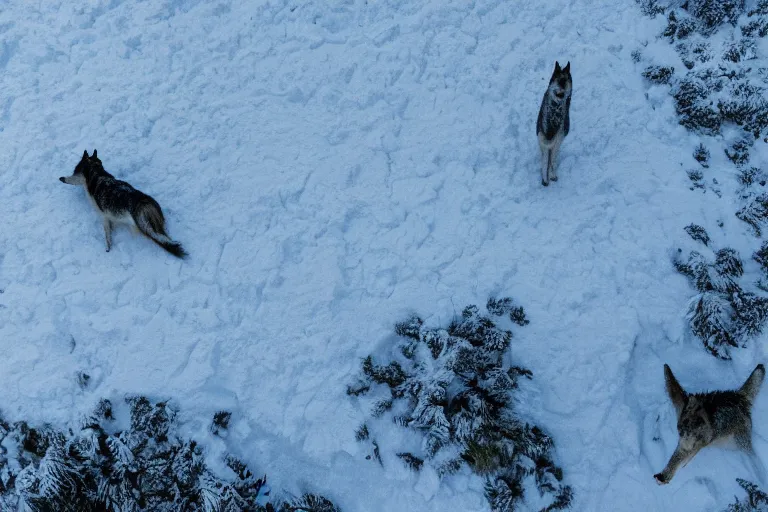 Prompt: taking from above, snow - covered beach, and lots of wolves there. high detail, photorealistic, good lighting, unbelievable.