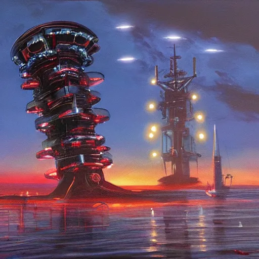 Image similar to an ominous biopunk tower with glowing lights rising in the distance with a ship sailing in the foreground, painting by John Berkley