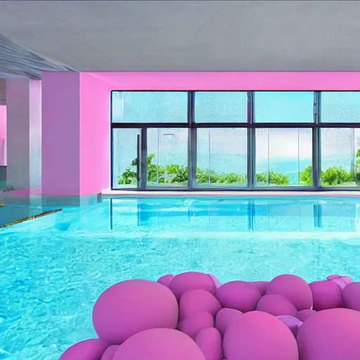 Prompt: A sunlit indoor lounge area with a pool with clear water and another pool with translucent pastel pink water, next to a big window, digital art