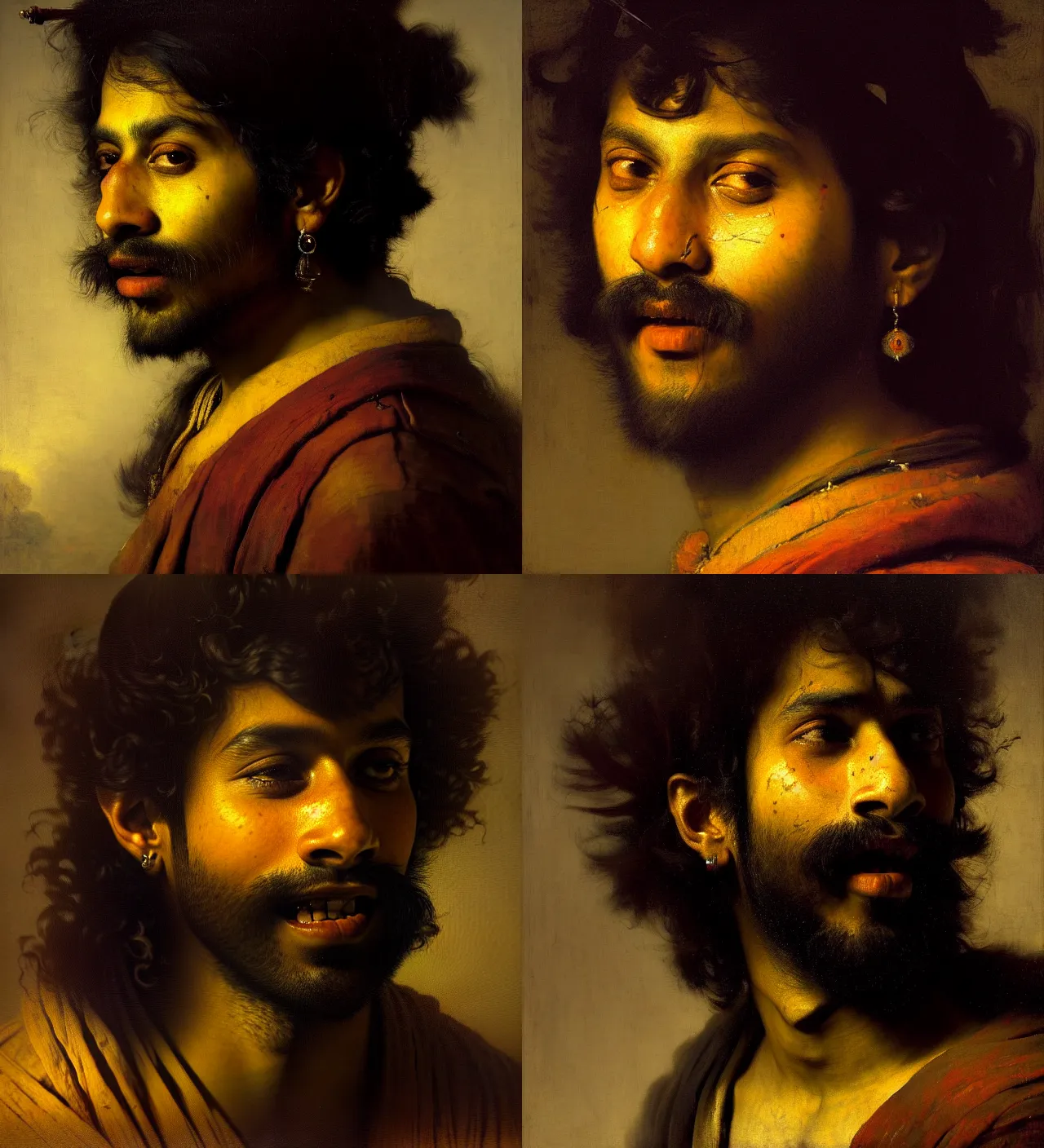 Prompt: a beautiful cinematic masterpiece headshot portrait of a happy stoner indian boy tripping, centered, head only, by rembrandt, by valentin de boulogne, by greg rutkowski, oil on canvas, brilliant cold lighting, hyper - detailed, no frames, 8 k