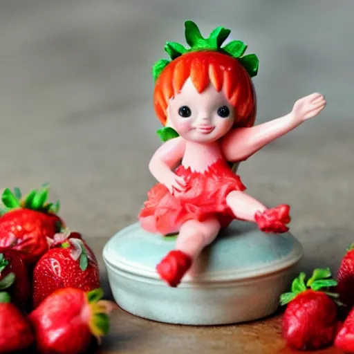 Prompt: a femo figurine of a cute funny strawberry fairy sitting on top of a jar of strawberry jam