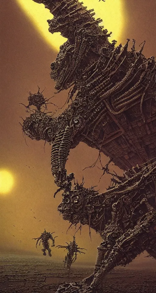 Prompt: stride across their bones, close up, concept art, intricate details, highly detailed, vintage sci - fi poster, in the style of chris foss, rodger dean, moebius, michael whelan, and gustave dore