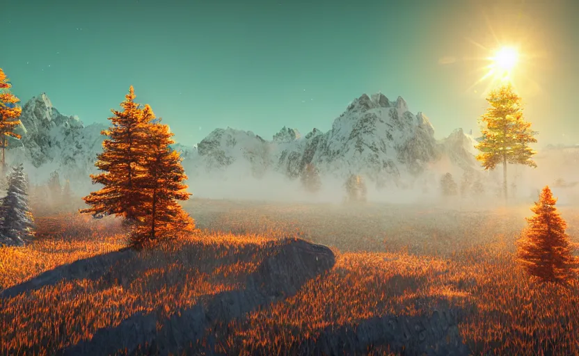 Image similar to mountain landscape in winter!!!, flowers, trees, bright landscape, dreamy light, sunny, floating particles, complementary palette, by and jacek yerga and jesse king, pop surrealist, wiccan, unreal engine, bokeh, detailed