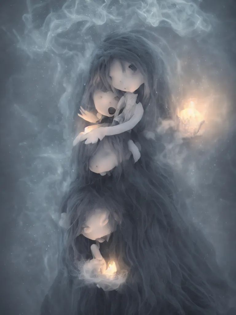 Image similar to cute fumo plush of a cursed frail witch girl held tight in the arms of a translucent ghost mother, hugging and cradling, anime, eerie pretty melting volumetric smoke and fog, dark environment map pbr reflective stormy water, gothic maiden, bokeh, vignette, vray