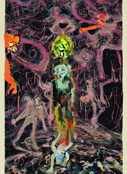 Prompt: friendly figures of smiling ghosts and dmt jesters and machine-elfs made of light walking back and forth in the abstract psychedelic field. they want to comfort you and having a conversation telepathicly. LP cover artwork by kim dorland , adrian ghenie + francis bacon, cecile brown, marlene dumas, Bill Sienkiewicz + by austin osman spare , vania zouravliov , takato yamamoto , william blake , phil hale + moebius + + by Disney , cartoon network, nickelodeon , beautiful + byzantine icon art + 2D matte gouache illustration + micro details, structure, ray trace 4k + pink + blurry + portrait + blur + text + vignetting + noise + trending on artstation + highly detailed crisp illustration + lsd, dmt visions of another world and neardeath experience + jpeg compression artifacts + deep noble refined earthy color color scheme + high quality high resolution 4k photo + pixel sorting effect + flowing thick acrylic paint + abstract expressionism artwork by Hilma af Klint and aubrey berdslay + esoteric hermetic cabinet by austin osman spare + floating digital neon alchemical symbols and sigils leaking through + escalation by Fra Angelico + fire on the background + by William-Adolphe Bouguereau