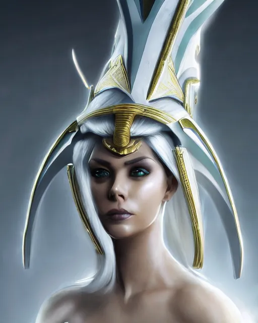 Image similar to perfect white haired attractive egyptian goddess, warframe armor, pharaoh headdress, beautiful, symmetric, dreamy, half asian, pretty face, green eyes, charlize theron, detailed, scifi platform, laboratory, experiment, 4 k, ultra realistic, epic lighting, android body, illuminated, cinematic, masterpiece, art by akihito tsukushi, voidstar