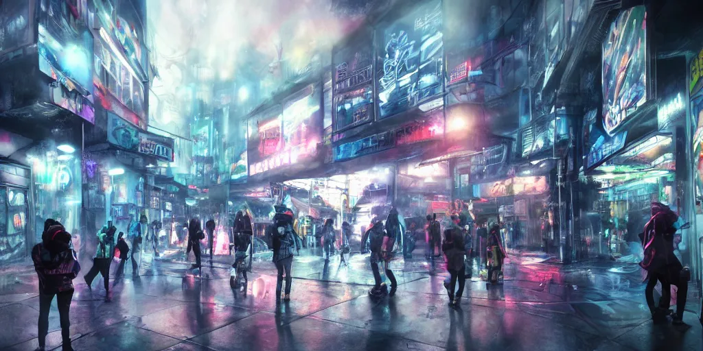 Image similar to teenagers with tech clothing and hoods and futuristic gas masks painting graffitis about chess pawns on the walls of a dystopian city, neon lights, sci - fi, night lights, rain and haze, concept art, intricate, photorealistic, in the style of katsuhiro otomo, akira, octane render, rtx, hdr, unreal engine